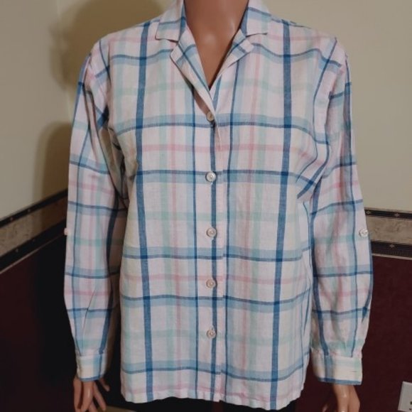 Napa Valley Tops - NAPA VALLEY PASTEL PINK BLUE MULTI PLAID STRIPE BUTTON UP BLOUSE SIZE MP